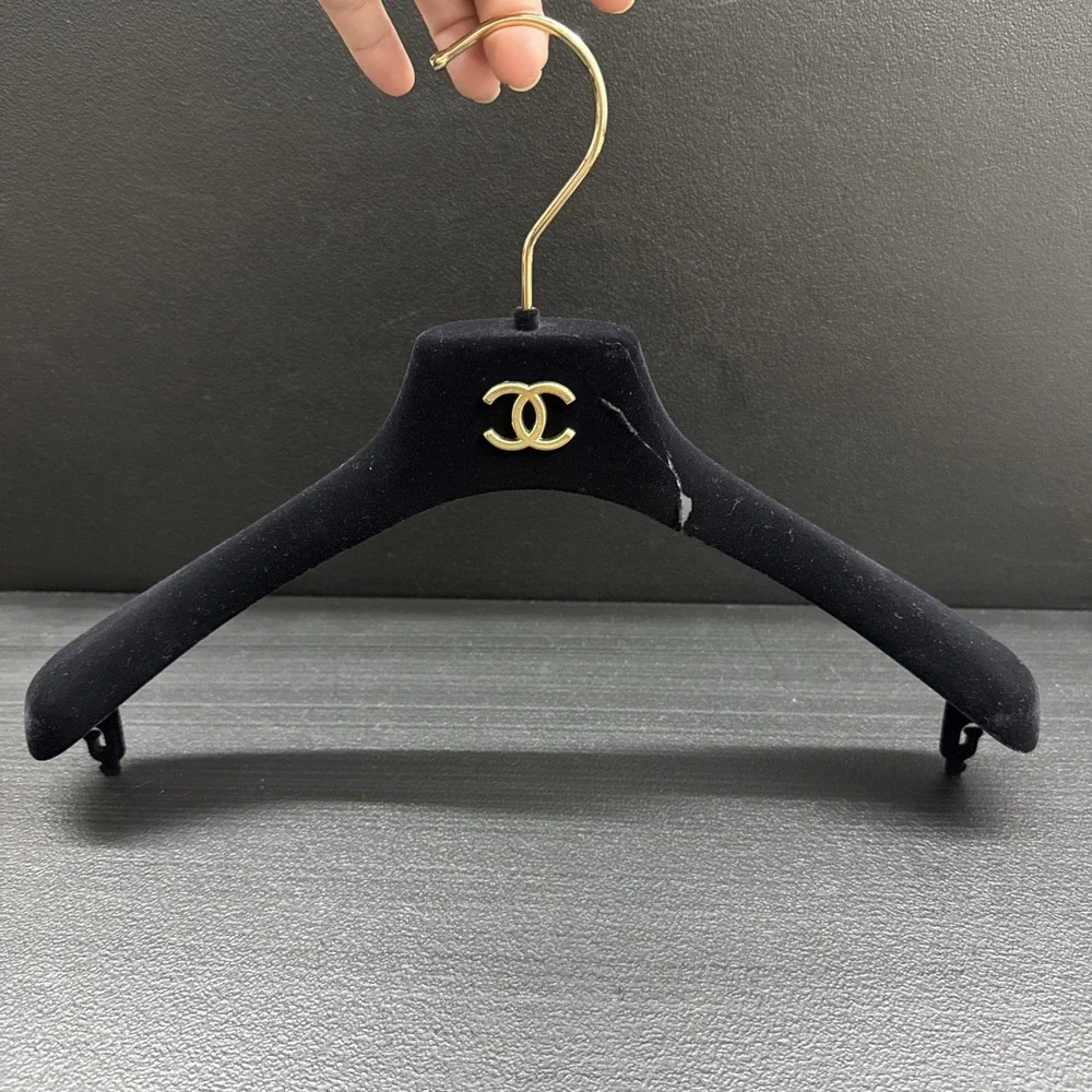 BROKEN Chanel Black Velvet Plastic Hanger Gold Logo Authentic,